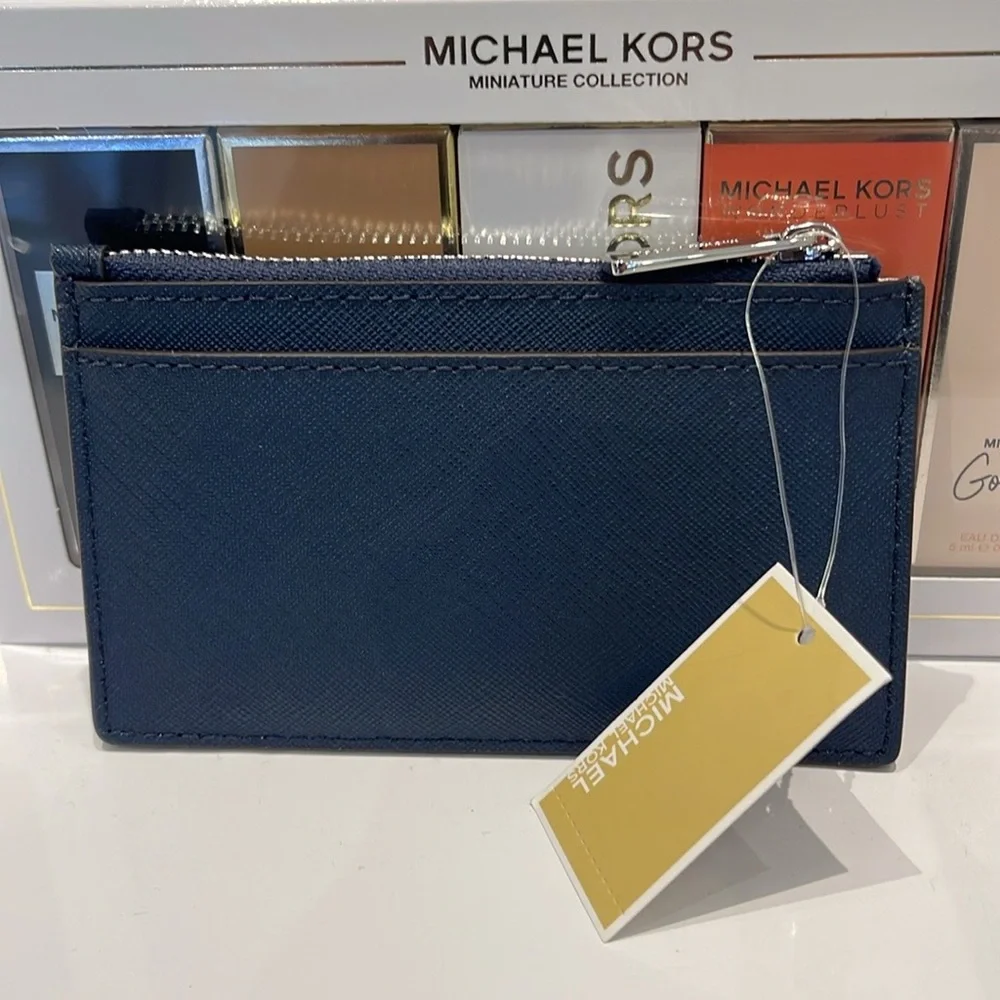 Michael Kors Jet Set Travel Medium Leather Card Case Navy Silver NWT